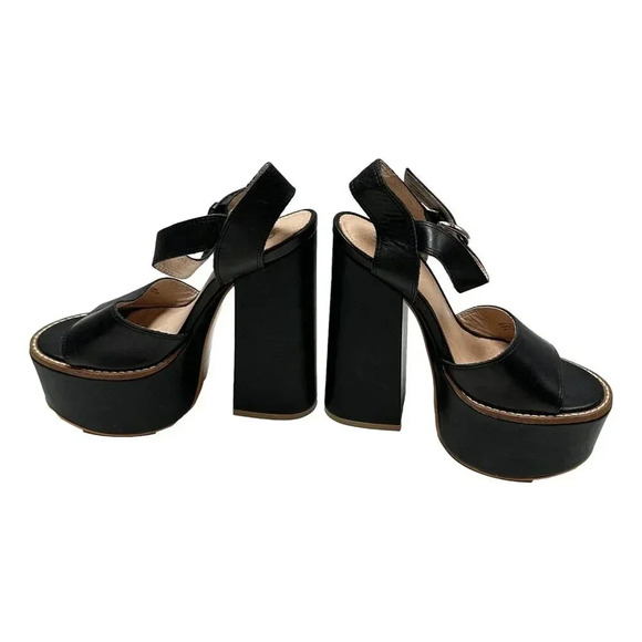 Shelleys London Sandals Black Leather Size 6.5 B Platform 6 inch Heel New - Picture 1 of 10